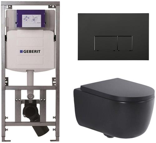 QeramiQ Dely Swirl Toiletset - 36.3x51.7cm - Geberit UP320 Burda inbouwreservoir - 35mm zitting - mat zwarte bedieningsplaat - rechthoekige knoppen - mat zwart