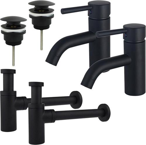 Fortifura Calvi Wastafelkraanset - voor dubbele wastafel - lage wastafelkraan - klikwaste plug - design sifon - Mat zwart