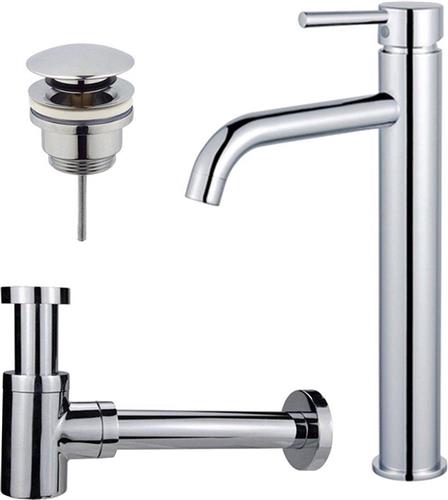 Fortifura Calvi Wastafelkraanset - verhoogde wastafelkraan - klikwaste plug - verlaagde design sifon - Chroom