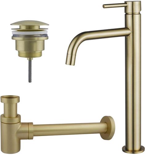 Fortifura Calvi Slim Wastafelkraanset - verhoogde wastafelkraan - klikwaste plug - verlaagde design sifon - Geborsteld Messing PVD (Goud)