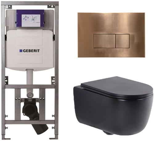 QeramiQ Dely Swirl Toiletset - 36.3x51.7cm - Geberit UP320 Burda inbouwreservoir - slim zitting - koperen bedieningsplaat - rechthoekige knoppen - mat zwart