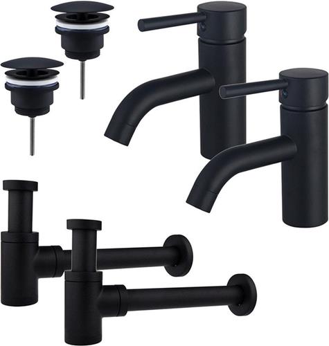 Fortifura Calvi Wastafelkraanset - voor dubbele wastafel - lage wastafelkraan - always open plug - verlaagde design sifon - Mat zwart