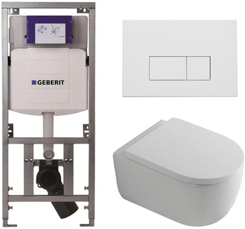 QeramiQ Dely Swirl Toiletset - 36.3x51.7cm - Geberit UP320 Burda inbouwreservoir - 35mm zitting - mat witte metalen bedieningsplaat - rechthoekige knoppen - wit glans