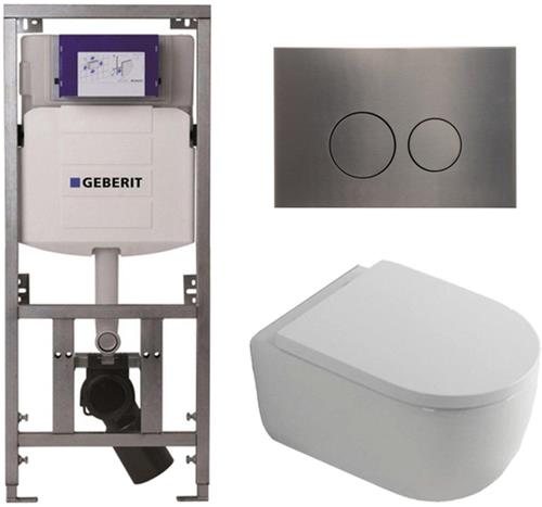 QeramiQ Dely Swirl Toiletset - 36.3x51.7cm - Geberit UP320 Burda inbouwreservoir - 35mm zitting - gunmetal bedieningsplaat - ronde knoppen - wit glans