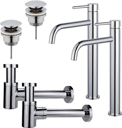 Fortifura Calvi Slim Wastafelkraanset - voor dubbele wastafel - verhoogde wastafelkraan - klikwaste plug - verlaagde design sifon - Chroom