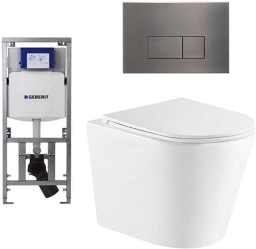 QeramiQ Dely Toiletset - 36.3x51.7cm - diepspoel - rimless - Geberit UP320 Burda inbouwreservoir - softclose toiletzitting - gunmetal bedieningsplaat - rechtehoekige knoppen - wit glans