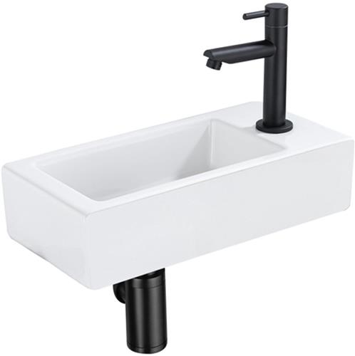 QeramiQ Fuente Fonteinset - 37.5x18.5x9cm - keramiek - kraangat rechts - fonteinkraan zwart mat - afvoerplug - verlaagd sifon - Mat wit