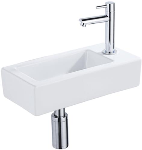QeramiQ Fuente Fonteinset - 37.5x18.5x9cm - keramiek - kraangat rechts - fonteinkraan chroom - afvoerplug - verlaagd sifon - Glans wit