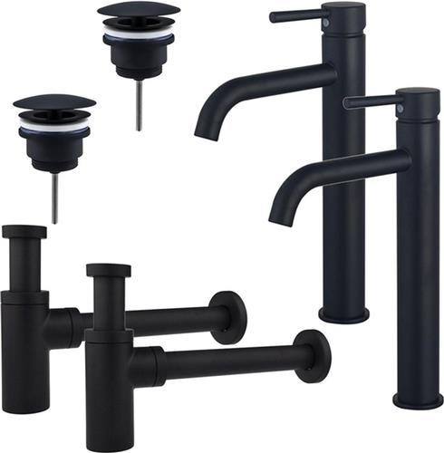 Fortifura Calvi Wastafelkraanset - voor dubbele wastafel - verhoogde wastafelkraan - always open plug - design sifon - Mat zwart