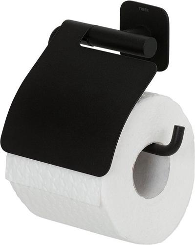 Tiger Colar - Wc rolhouder met klep - Zonder te boren - Toiletrolhouder zelfklevend - Zwart
