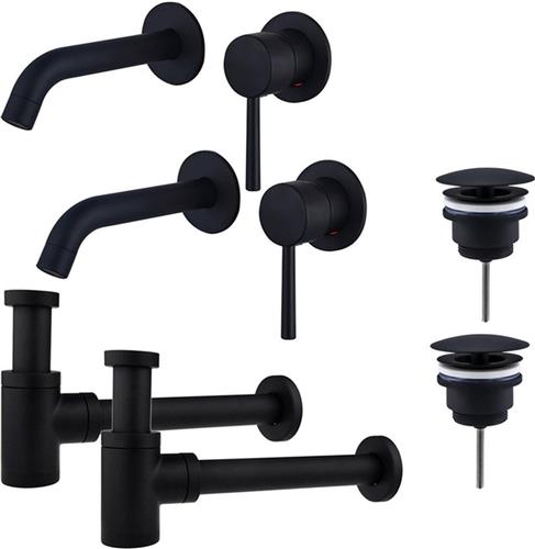 Fortifura Calvi Slim Wastafelkraanset - voor dubbele wastafel - inbouw wastafelkraan - always open plug - verlaagde design sifon - Mat zwart