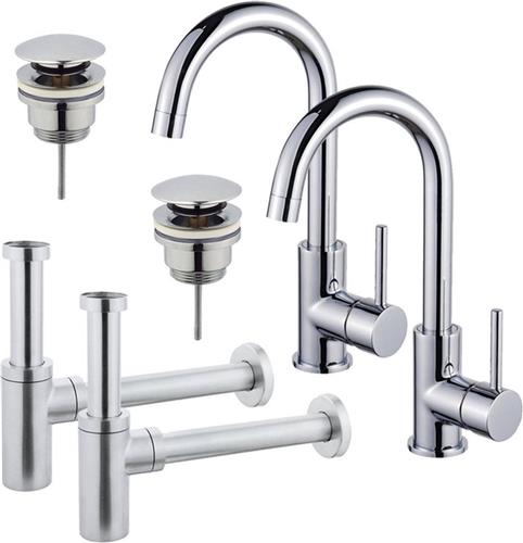 Fortifura Calvi Wastafelkraanset - voor dubbele wastafel - hoge wastafelkraan - draaibare uitloop - klikwaste plug - design sifon - Chroom