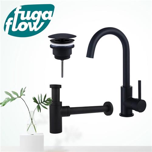 Fortifura Calvi Wastafelkraanset - hoge wastafelkraan - draaibare uitloop - always open plug - design sifon - Mat zwart