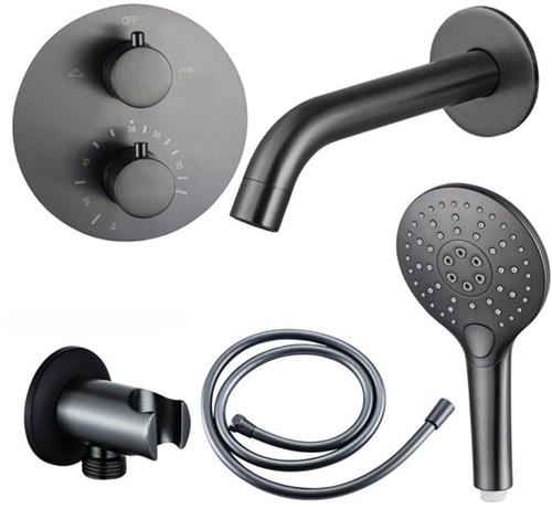 Fortifura Calvi Badkraan set - uitloop - 22cm inkortbaar - rond bedienigspaneel - gladde slang - ronde handdouche - inbouwdeel - wandhouder - geborsteld gunmetal PVD