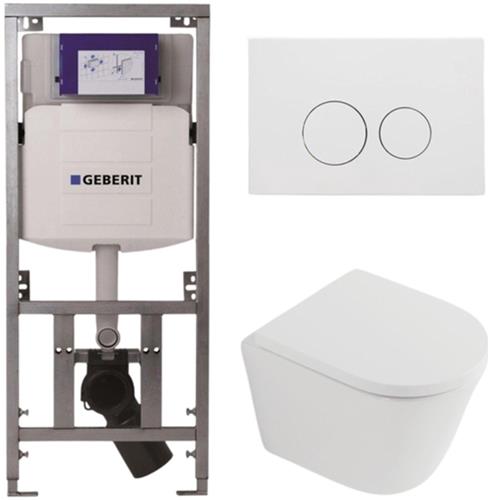 QeramiQ Dely Toiletset - 36.3x51.7cm - diepspoel - rimless - Geberit UP320 inbouwreservoir - softclose toilet zitting 35 mm - mat witte bedieningsplaat - ronde knoppen - mat wit