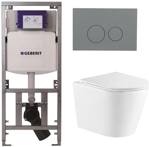 QeramiQ Dely Toiletset - 36.3x51.7cm - diepspoel - rimless - Geberit UP320 Burda inbouwreservoir - softclose toiletzitting - bedieningsplaat licht grijs - ronde knoppen - wit glans