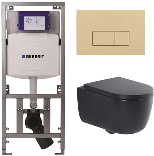 QeramiQ Dely Swirl Toiletset - 36.3x51.7cm - Geberit UP320 Burda inbouwreservoir - 35mm zitting - bedieningsplaat beige - rechthoekige knoppen - mat zwart