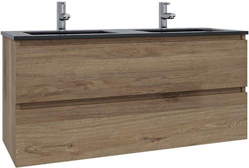 Adema Chaci Badkamermeubelset - 120x46x57cm - 2 keramische wasbakken zwart - 2 kraangaten - 2 lades - eiken