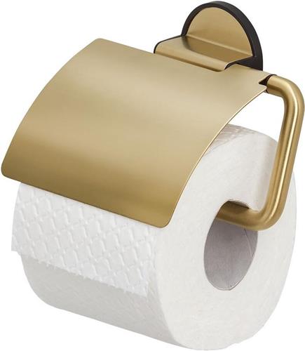 Tiger Tune - Wc rolhouder met klep - Toiletrolhouder - Zonder boren - Zelfklevend 3M tape - Goud geborsteld / Zwart