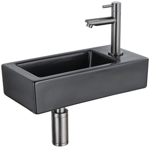 QeramiQ Fuente Fonteinset - 37.5x18.5x9cm - keramiek - kraangat rechts - fonteinkraan gunmetal - afvoerplug - verlaagd sifon - Mat Zwart