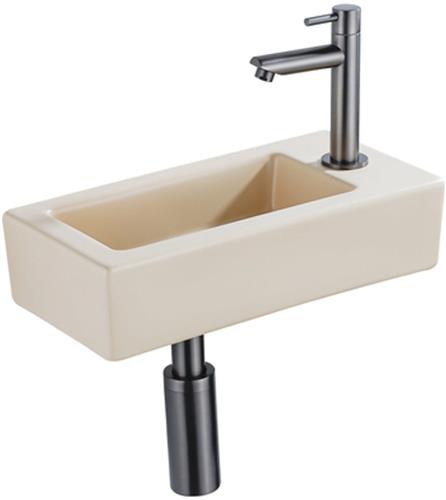QeramiQ Fuente Fonteinset - 37.5x18.5x9cm - keramiek - kraangat rechts - fonteinkraan gunmetal - afvoerplug - verlaagd sifon - Mat Beige