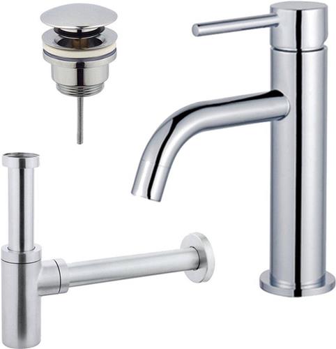 Fortifura Calvi Slim Wastafelkraanset - lage wastafelkraan - klikwaste plug - design sifon - Chroom