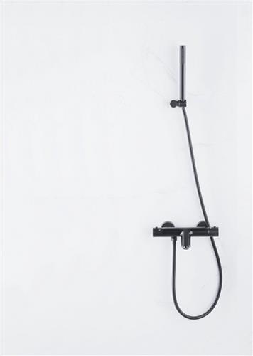 Fortifura Calvi Thermostatische badkraan met staafhanddouche, handdouchehouder en metalen doucheslang mat zwart