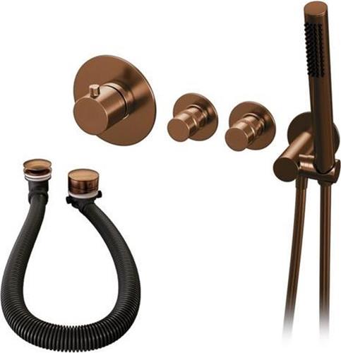Brauer Copper Edition inbouwthermostaatset badvuller via overloop met staafhanddouche met inbouwdeel geborsteld koper PVD