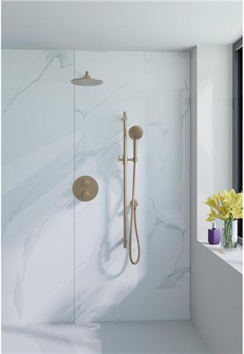 Fortifura Calvi Inbouw Regendoucheset - rond - thermostatisch - wandarm - glijstang - 25cm hoofddouche - ronde handdouche - Geborsteld Messing PVD (Goud)