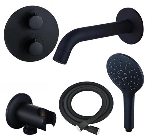 Fortifura Calvi Badkraan set - uitloop - 22cm inkortbaar - rond bedieningspaneel - gladde slang - ronde handdouche - inbouwdeel - wandhouder - mat zwart