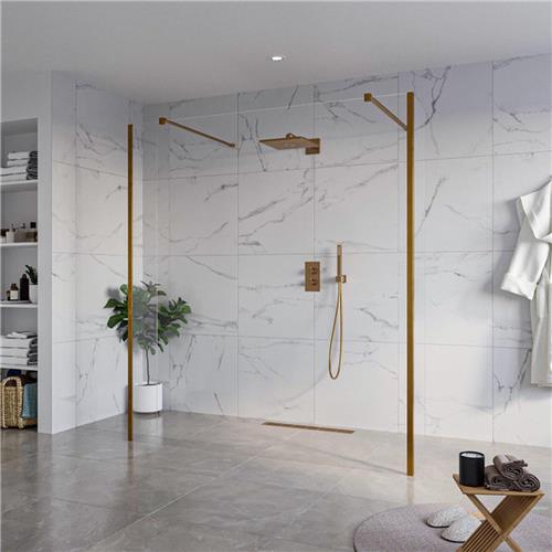 Fortifura Galeria Vrijstaande Inloopdouche - 180x200cm - Helder - antikalk - 8mm veiligheidsglas - 2 zijwanden 30cm - wandsteunen en hoekprofielen - Geborsteld koper PVD (Koper)