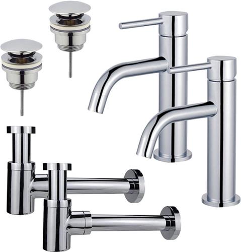 Fortifura Calvi Slim Wastafelkraanset - voor dubbele wastafel - lage wastafelkraan - klikwaste plug - verlaagde design sifon - Chroom