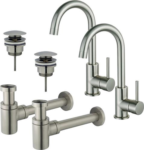 Fortifura Calvi Wastafelkraanset - voor dubbele wastafel - hoge wastafelkraan - draaibare uitloop - klikwaste plug - verlaagde design sifon - Geborsteld RVS PVD (RVS)