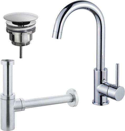 Fortifura Calvi Wastafelkraanset - hoge wastafelkraan - draaibare uitloop - always open plug - design sifon - Chroom