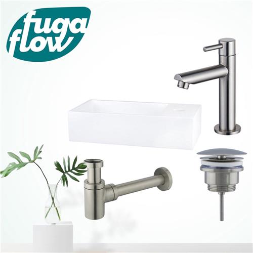 Fortifura Fuente fonteinset - 36x18.5x9cm - 1 kraangat - solid surface - fonteinkraan RVS geborsteld - mat wit