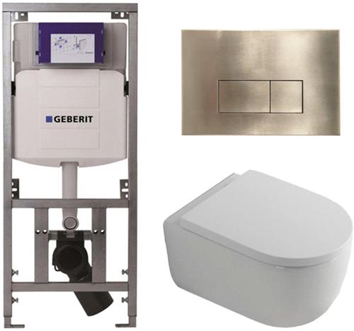 QeramiQ Dely Swirl Toiletset - 36.3x51.7cm - Geberit UP320 Burda inbouwreservoir - 35mm zitting - geborsteld messing bedieningsplaat - rechthoekige knoppen - wit glans