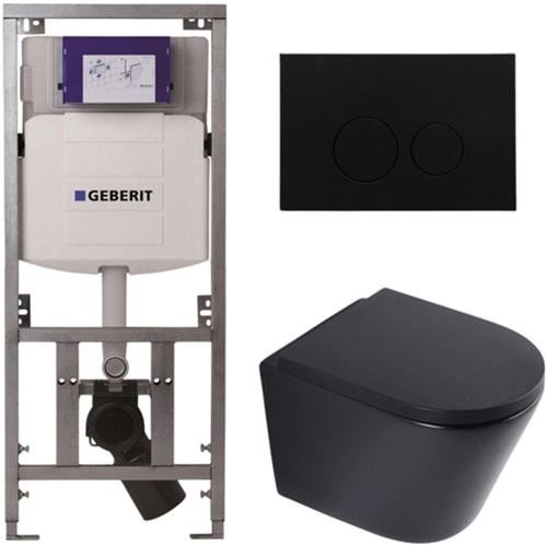 QeramiQ Dely Toiletset - 36.3x51.7cm - diepspoel - rimless - Geberit UP320 inbouwreservoir - softclose toilet zitting 35 mm - kunststof mat zwarte bedieningsplaat - ronde knoppen - mat zwart