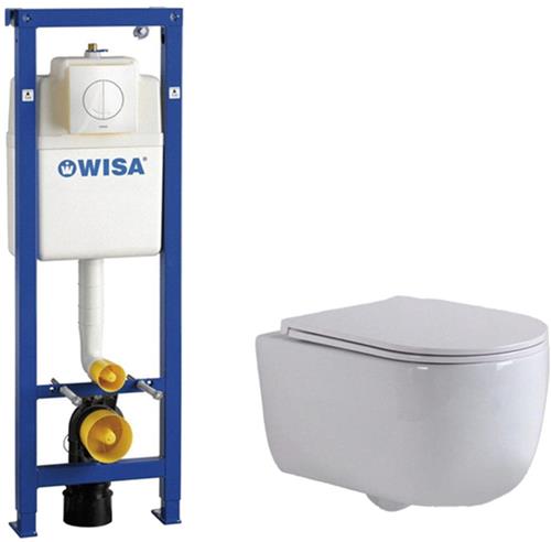 QeramiQ Dely Swirl Toiletset - 6.5x53cm - Wisa XS inbouwreservoir - slim zitting - witte bedieningsplaat - ronde knoppen - wit mat