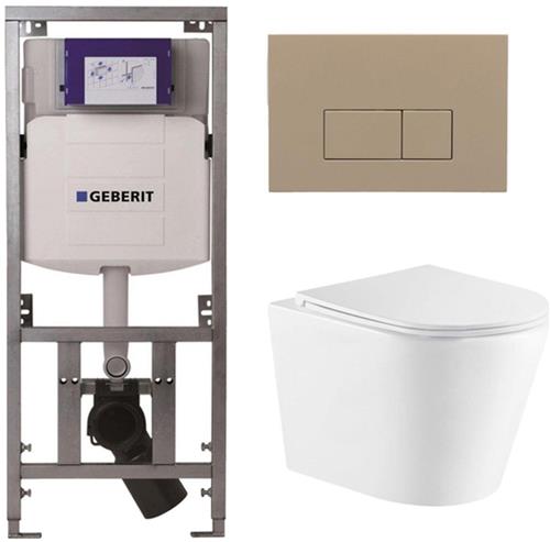 QeramiQ Dely Toiletset - 36.3x51.7cm - diepspoel - rimless - Geberit UP320 Burda inbouwreservoir - softclose toiletzitting - bedieningsplaat taupe - rechtehoekige knoppen - wit glans