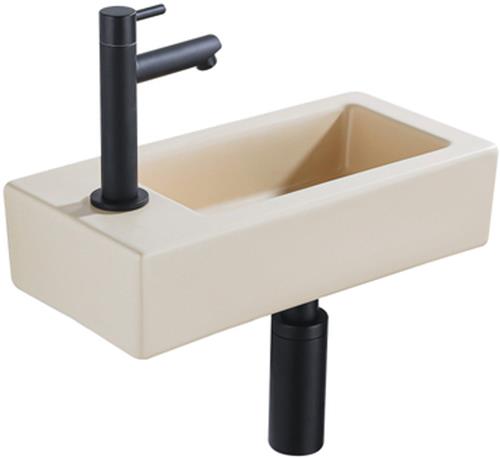 QeramiQ Fuente Fonteinset - 37.5x18.5x9cm - keramiek - kraangat links - fonteinkraan zwart mat - afvoerplug - verlaagd sifon - Mat Beige