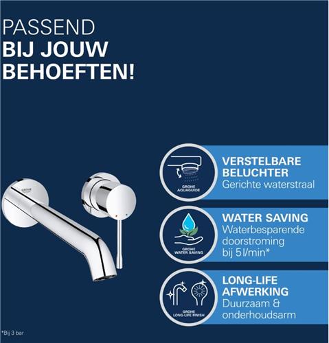 GROHE Essence New Wandgemonteerde Inbouw Wastafelkraan - afbouwdeel - zonder inbouwdeel - lange uitloop - chroom - Waterbesparend