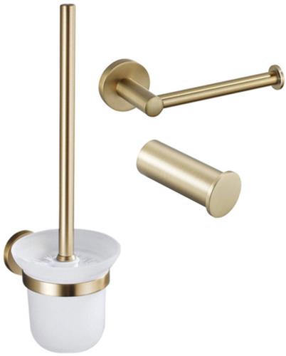 Fortifura Calvi Toiletset 3-delig - toiletrolhouder zonder klep - toiletborstel - handdoekhaak enkel rond - Geborsteld Messing PVD (Goud)