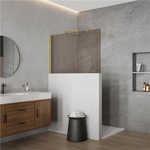 Fortifura Galeria Halfhoge Inloopdouche - 140x80cm - rookglas - 8mm - nano - met profiel en stabilisatiestang - Geborsteld Messing PVD (Goud)