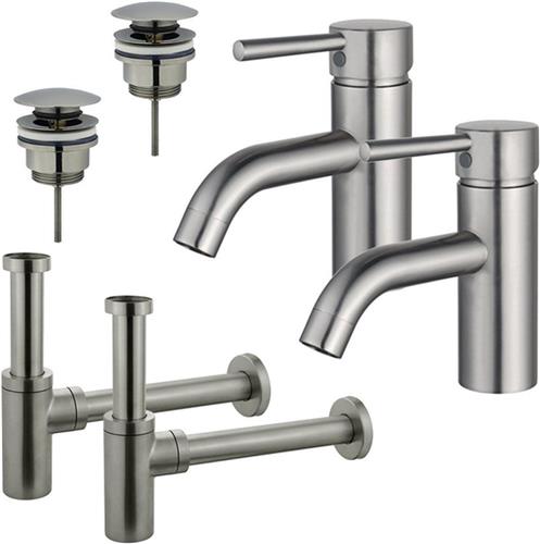 Fortifura Calvi Wastafelkraanset - voor dubbele wastafel - lage wastafelkraan - klikwaste plug - design sifon - Geborsteld RVS PVD (RVS)