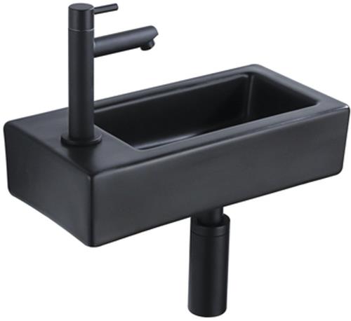 QeramiQ Fuente Fonteinset - 37.5x18.5x9cm - keramiek - kraangat links - fonteinkraan zwart mat - afvoerplug - verlaagd sifon - Mat Zwart