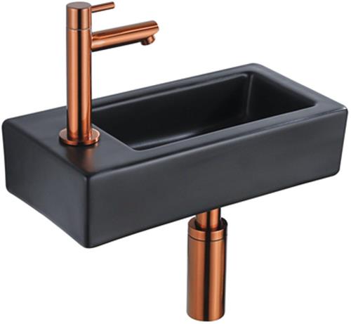 QeramiQ Fuente Fonteinset - 37.5x18.5x9cm - keramiek - kraangat links - fonteinkraan geborsteld koper - afvoerplug - verlaagd sifon - Mat Zwart