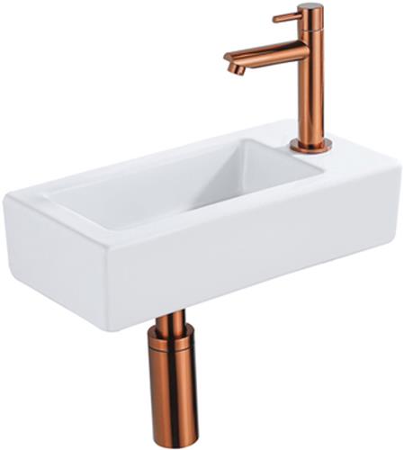 QeramiQ Fuente Fonteinset - 37.5x18.5x9cm - keramiek - kraangat rechts - fonteinkraan geborsteld koper - afvoerplug - verlaagd sifon - Glans wit