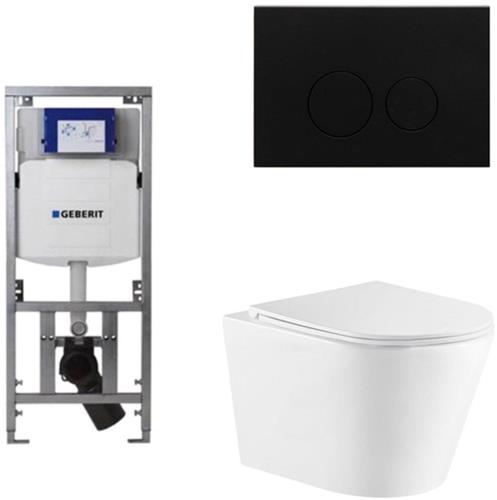 QeramiQ Dely Toiletset - 36.3x51.7cm - diepspoel - rimless - Geberit UP320 Burda inbouwreservoir - softclose toiletzitting - mat zwarte bedieningsplaat - ronde knoppen - wit glans