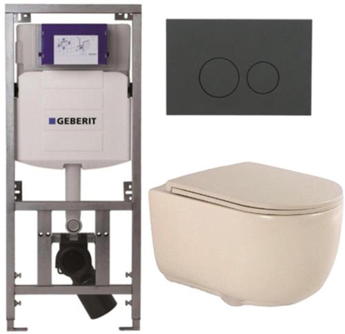 QeramiQ Dely Swirl Toiletset - 36.3x51.7cm - Geberit UP320 Burda inbouwreservoir - slim zitting - bedieningsplaat mat antraciet - ronde knoppen - beige