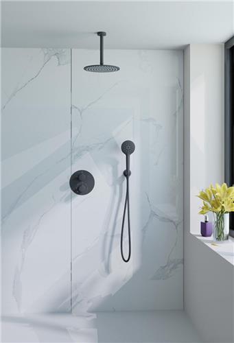 Fortifura Calvi Inbouw Regendoucheset - rond - thermostatisch - plafondarm - 25cm hoofddouche - ronde handdouche - mat zwart